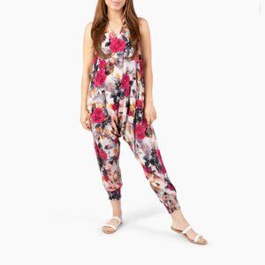 Flower Harem Jumpsuit Cotton Halter Neck Tapered Leg Pockets Pink Kira